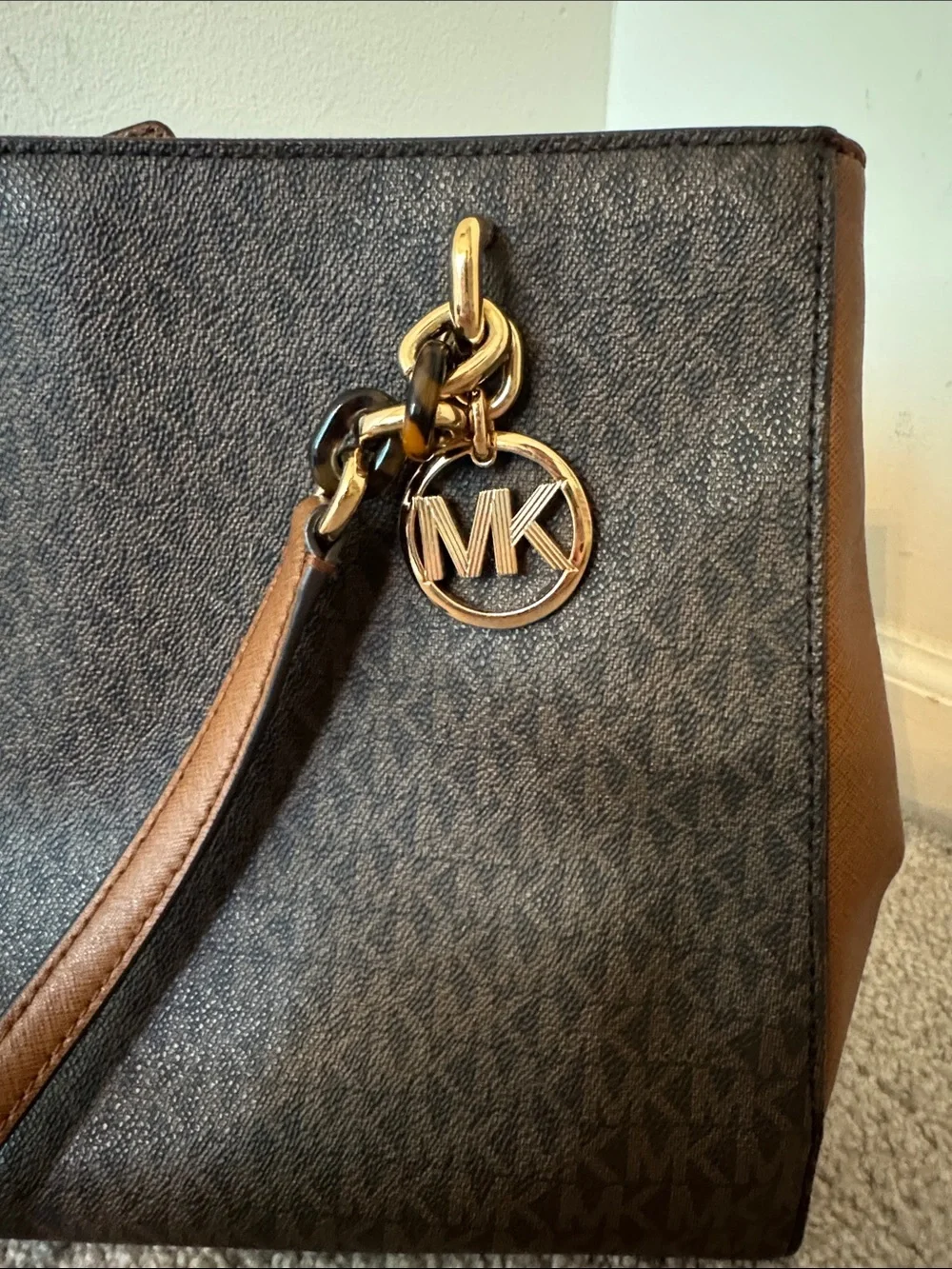Michael Kors Brown & Tan MK Signature Tote with Gold Hardware